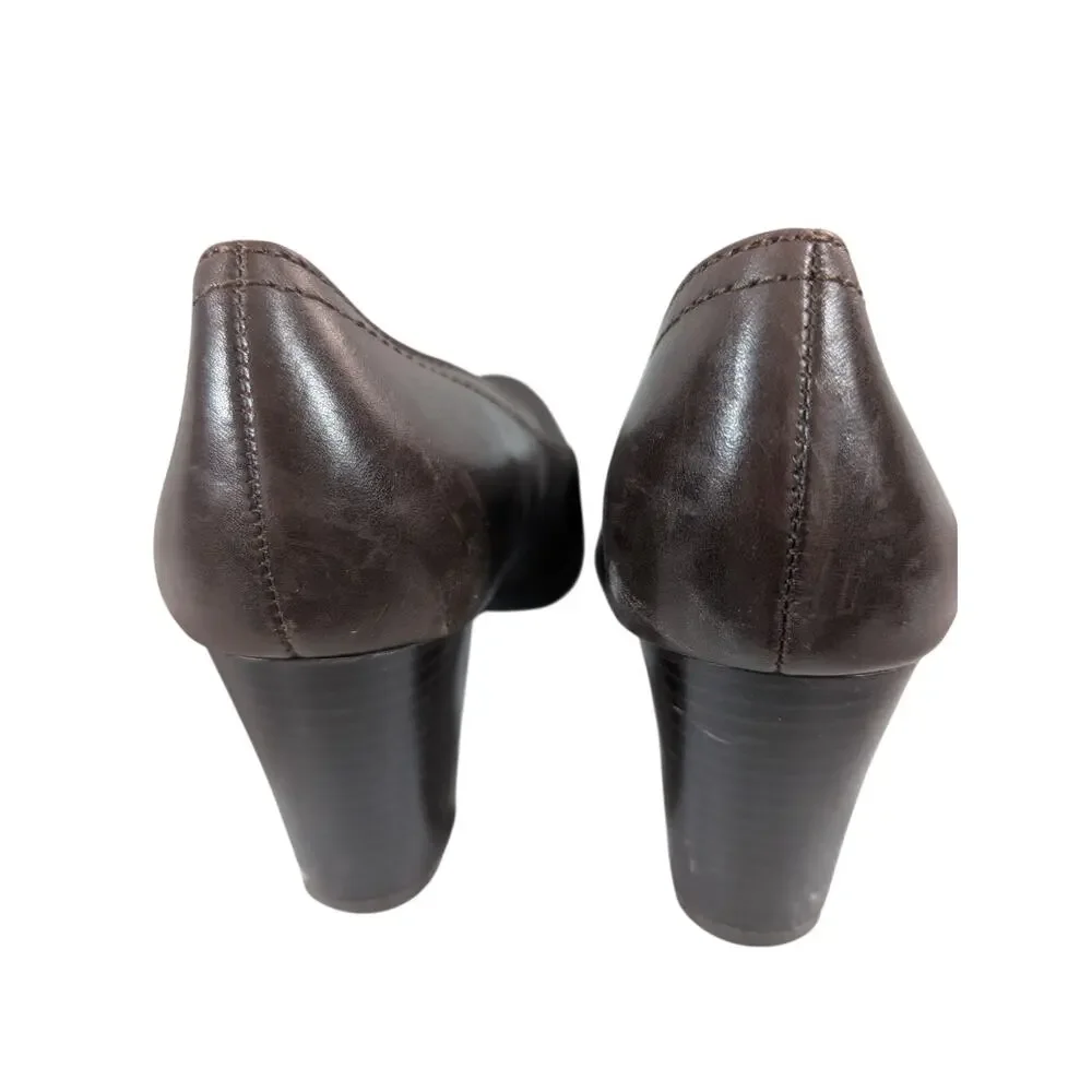BASS! FAB ESPRESSO BROWN GENUINE LEATHER MARY JANE STYLE STACKED HEELS! SZ 7M